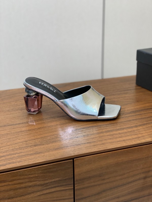 2025 Women VERSACE Silver Leather Slippers