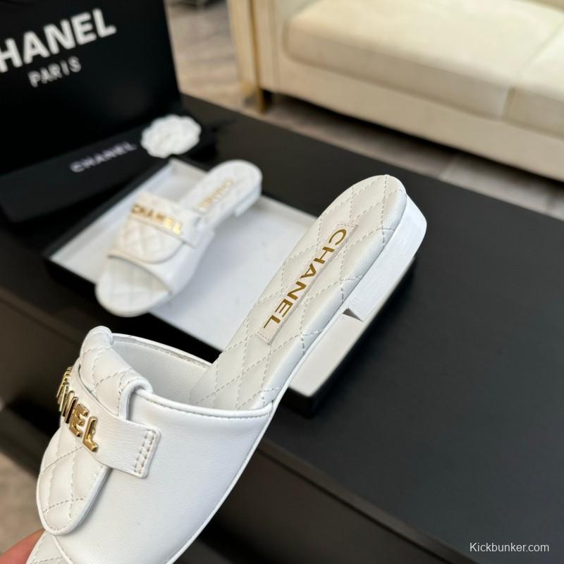 2025 Women Chanel White Leather Slippers