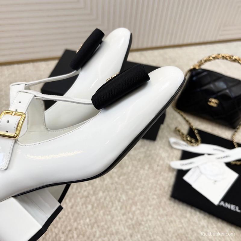 2025 Women Chanel White Black Leather Mary Jane Bow KFY00310
