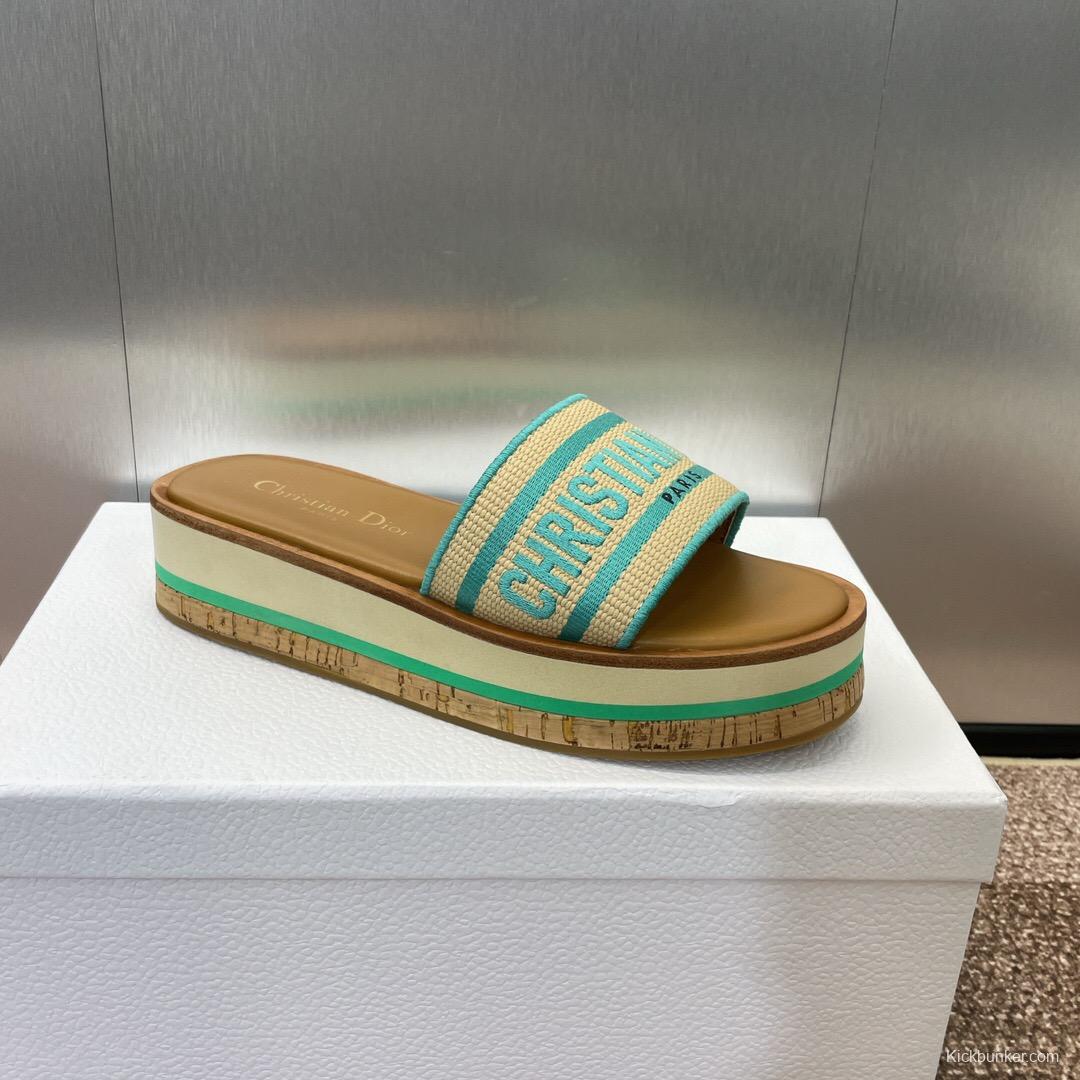 2025 Women Dior Blue Beige Fabric Leather Platform Slide Sandals