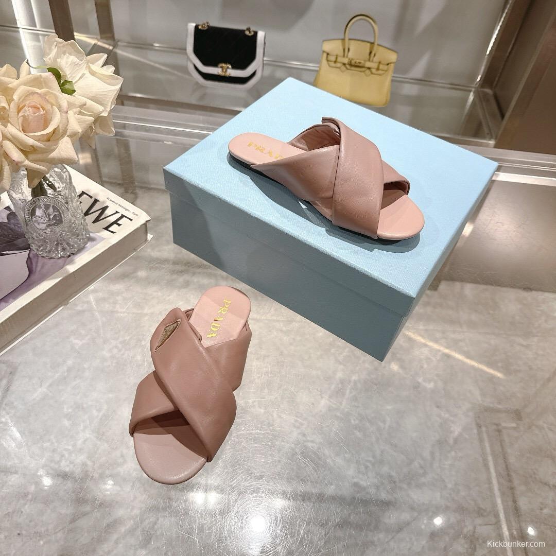 2025 Women Prada Pink Leather Slippers