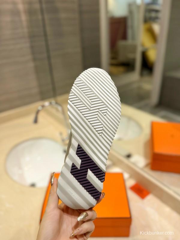 2024 Women Hermès White Beige Mesh Leather Sneakers MJ00320