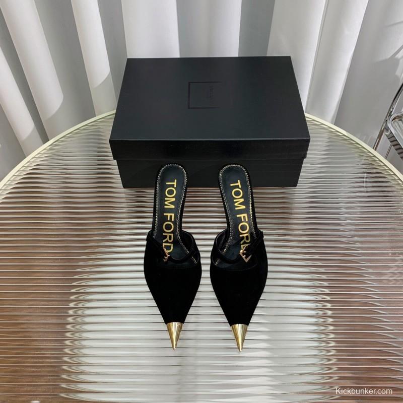 2025 Women TOM FORD Black Suede Leather Pointed Toe Metal Tip Mules