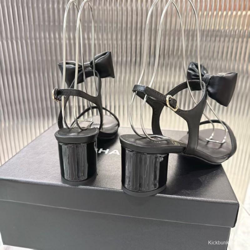 2025 Women Chanel Black Lambskin Bowknot Sandals LY00260