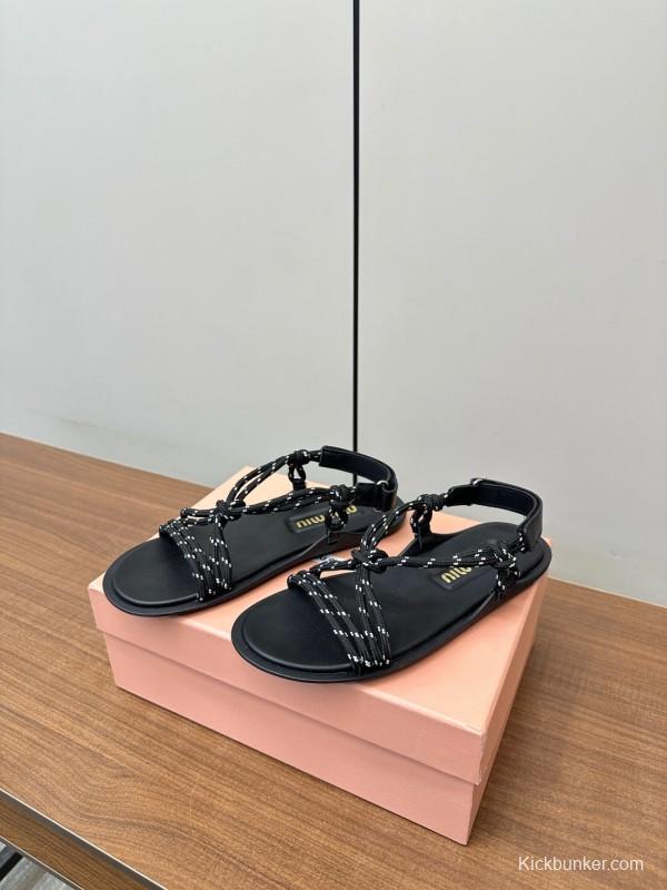 2025 Women Miu Miu Black Leather Rope Sandals