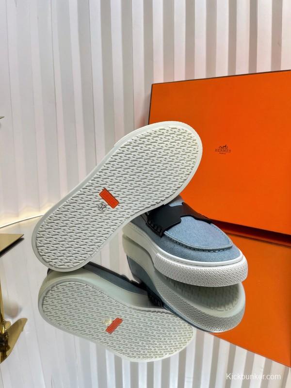 2025 Women Hermès Blue Black Leather Denim Loafers LY00310