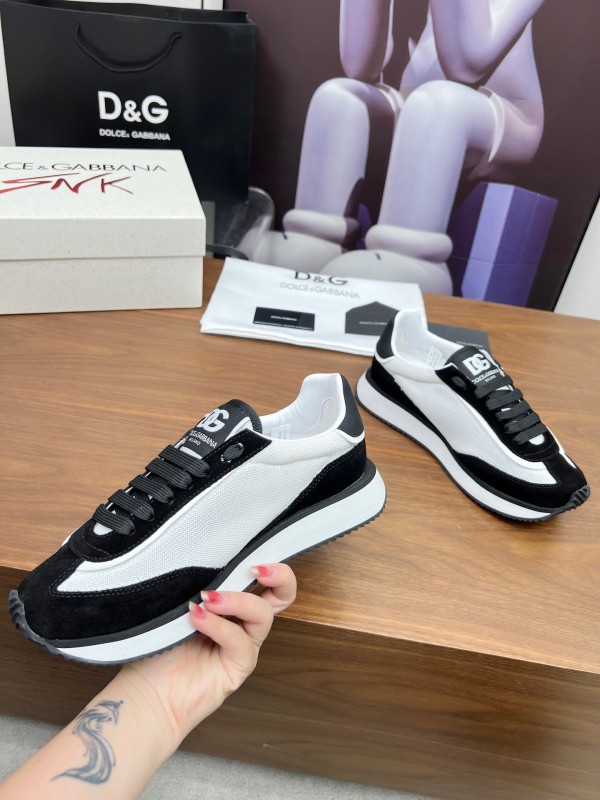 2025 Unisex Dolce & Gabbana Black White Mesh Suede Sneakers LY00300