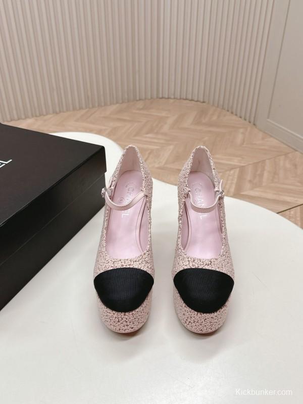 2025 Women Chanel Pink Black Wool Platform Mary Jane KFY00330