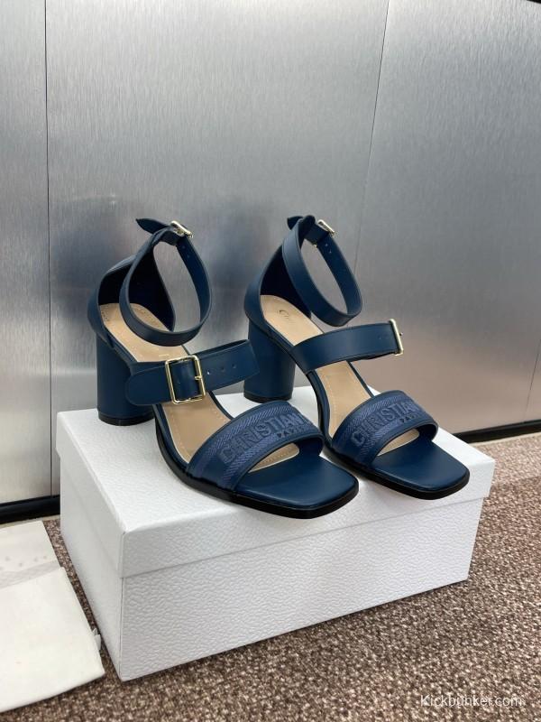 2025 Women Dior Navy Blue Leather Sandals Ankle Strap KFY00310