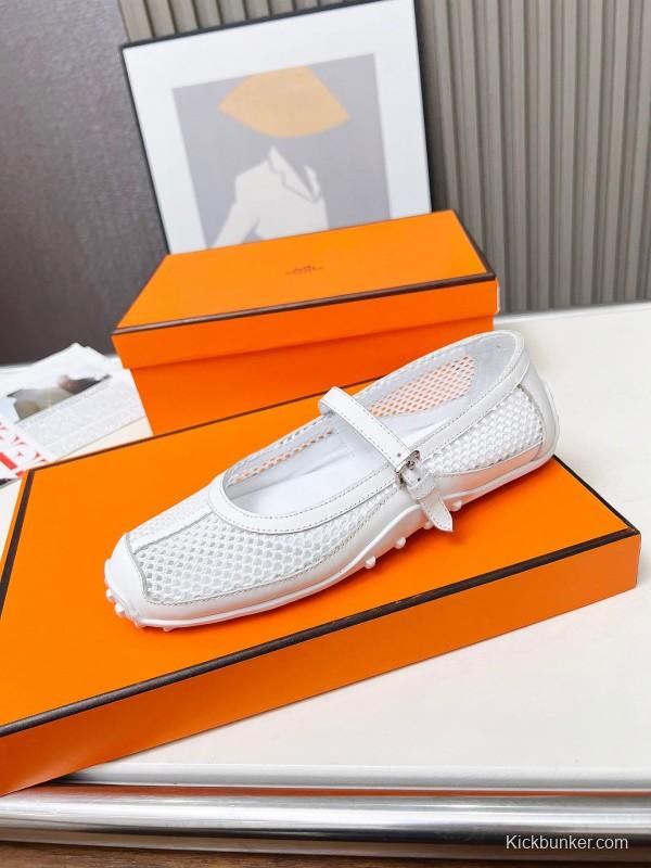 2025 Women Hermès White Leather Mesh Mary Jane LY00230