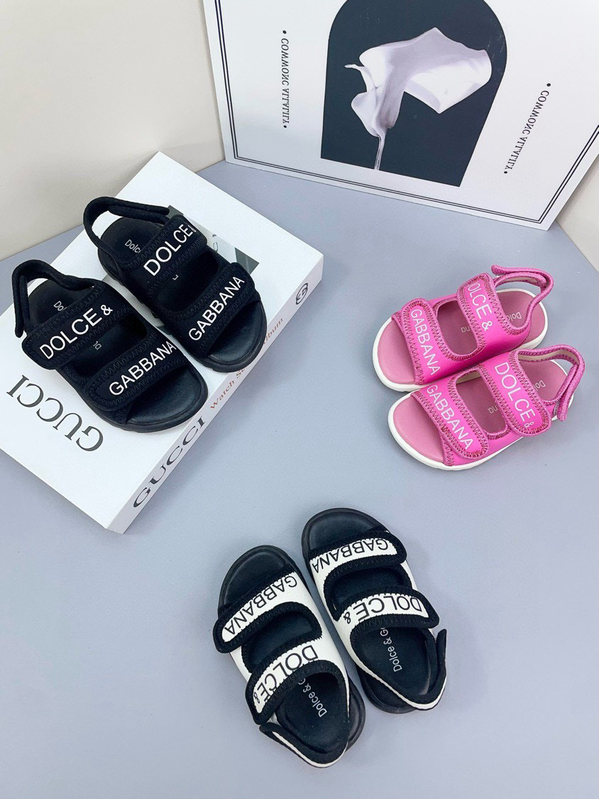 2025 Kids Dolce & Gabbana Pink Black White Leather Sandals