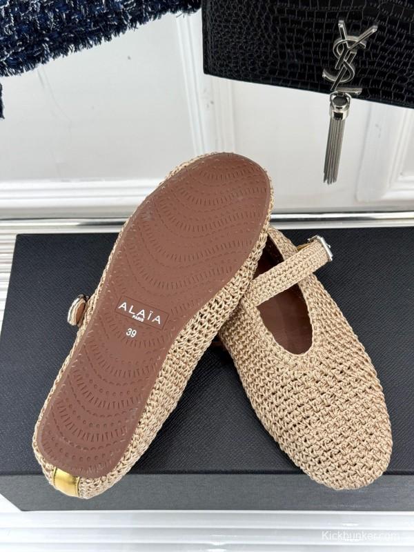 2025 Women AlAIA Beige Woven Leather Mary Jane Shoes