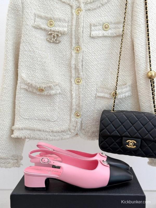 2025 Women Chanel Pink Black Leather Slingback Low Heel KFY00280