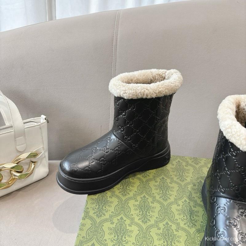 2024 Women Gucci black leather shearling snow boots MJ00350