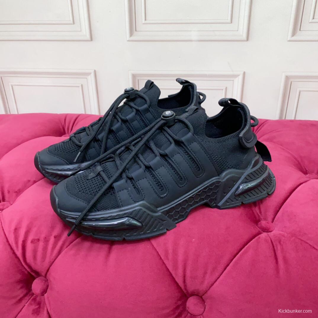 2025 Unisex Dolce & Gabbana Black Leather Knit Sneakers LY00340