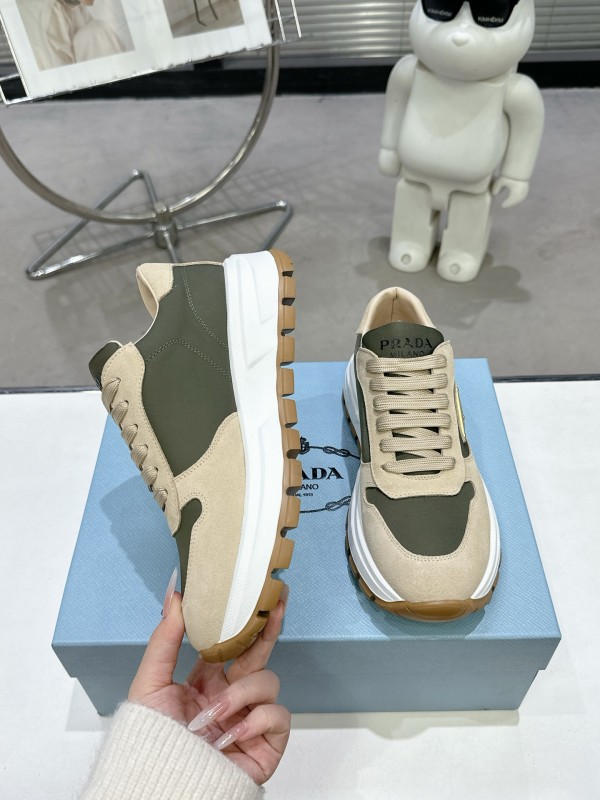 2025 Women Prada Beige Green Nubuck Leather Sneakers KFY00310