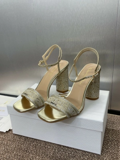 2025 Women Dior Gold Crystal Embellished Leather Sandals KFY00320