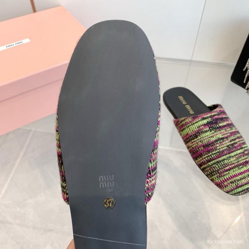 2025 Miumiu Purple Green Black Knitted Slippers