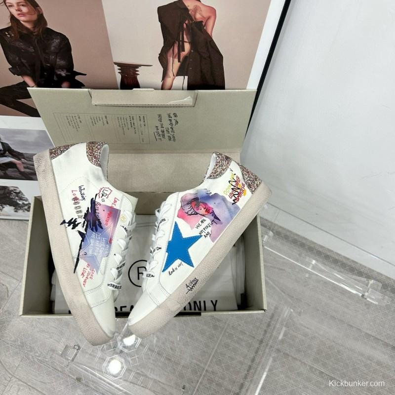 2025 Women GGDB White Blue Leather Sneakers