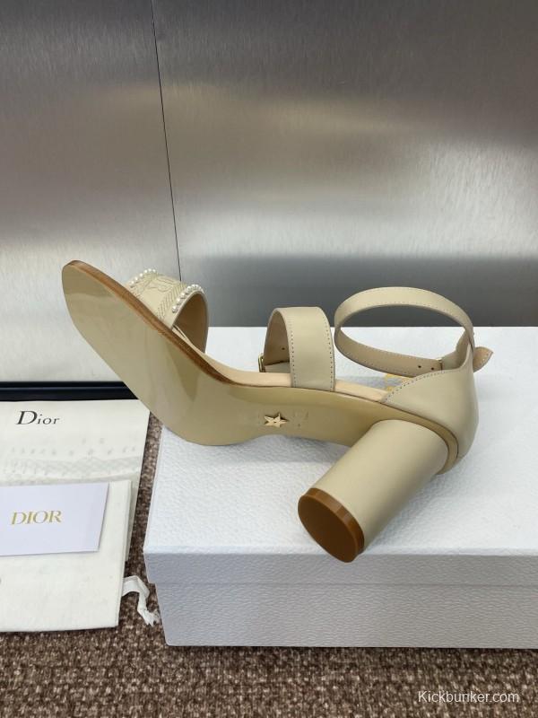 2025 Women Dior Beige Leather Embroidered Sandals