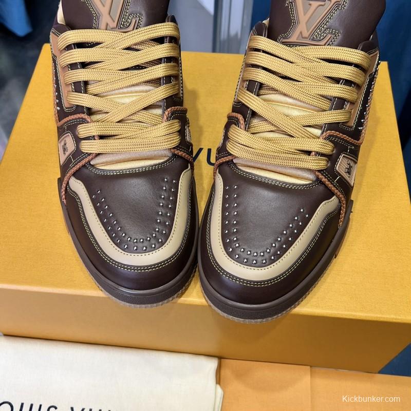 2025 Unisex Louis Vuitton Brown Beige Leather LV Trainer