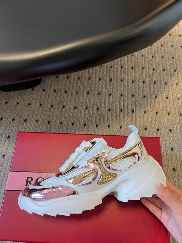 2025 Women Roger Vivier White Pink Leather Mesh Sneakers KFY00380