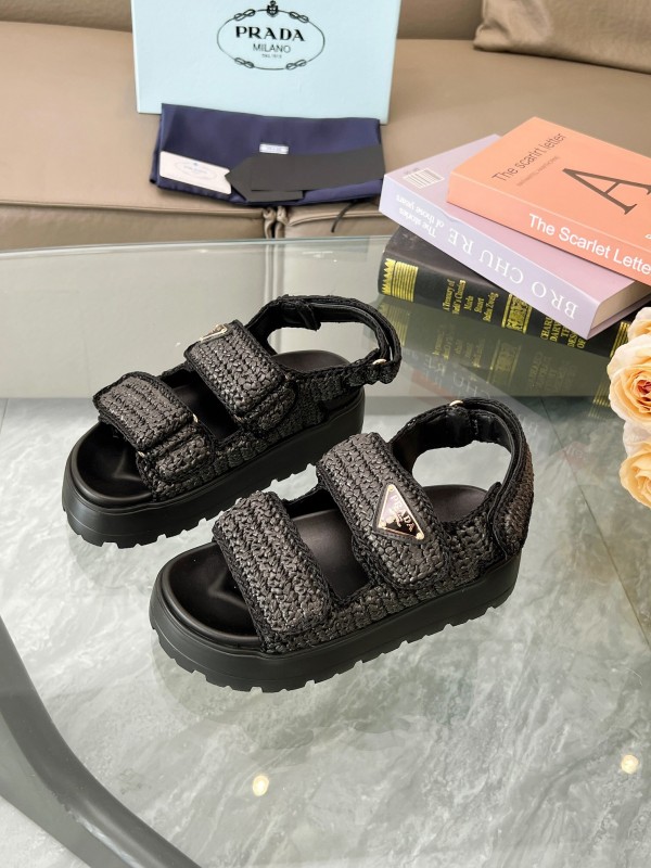 2025 Women Prada Black Woven Leather Platform Sandals LY00300