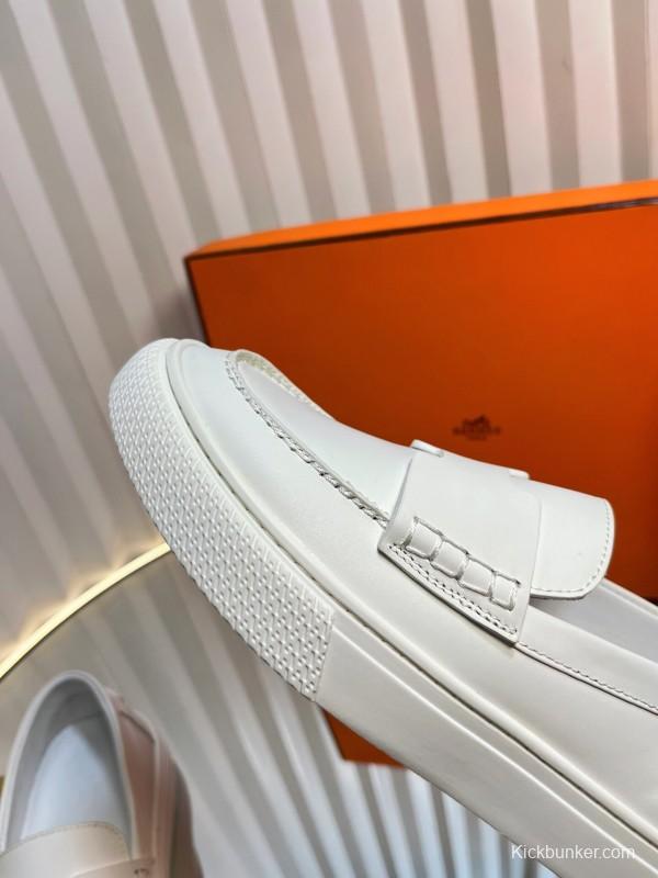 2025 Unisex Hermès White Leather Fabric Loafers LY00310(F)/LY00320(M)