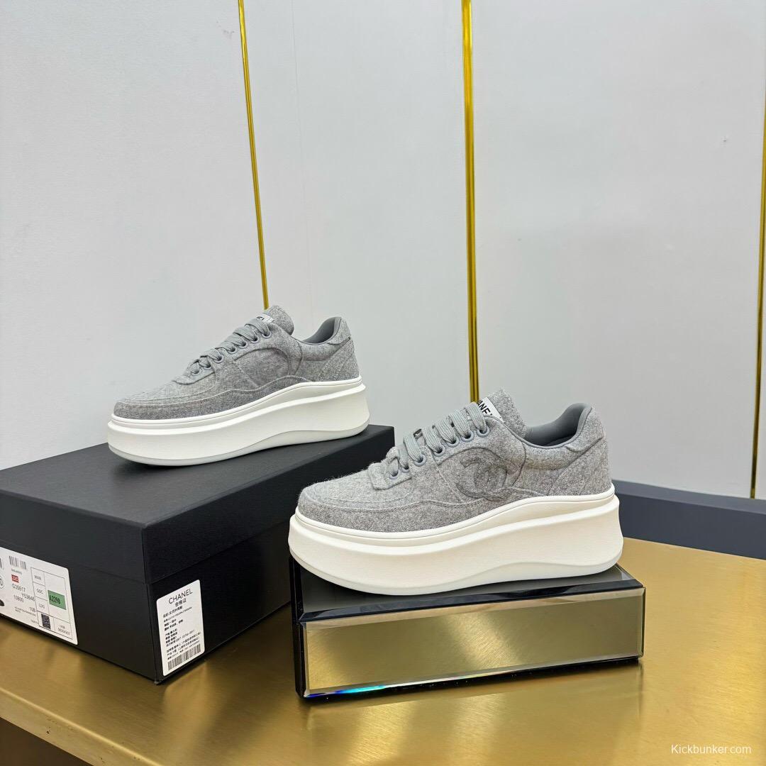 2025 Women Chanel Grey Wool Platform Sneakers