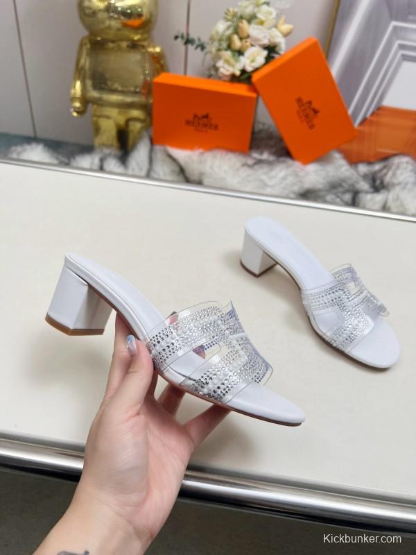 2025 Slippers Hermès White Leather Crystal MJ00180