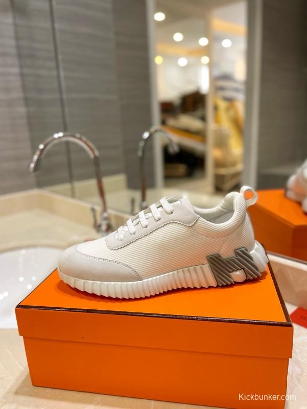 2024 Unisex Hermès White Cream Imported Silky Goat Suede Nylon Sneakers MJ00320