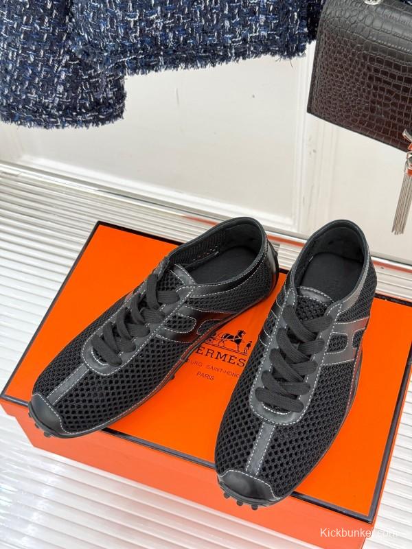 2025 Women Hermès Black Mesh Leather Sneakers