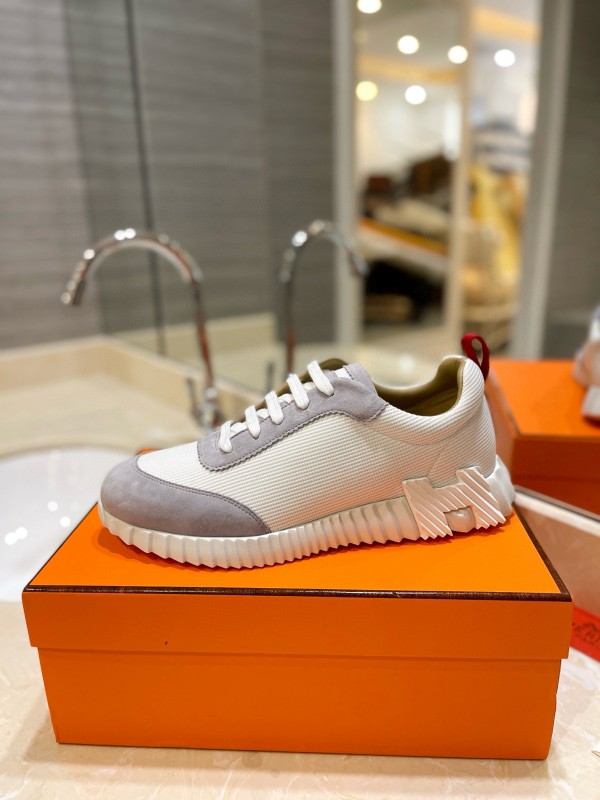 2024 Unisex Hermès White Grey Silk Leather Sneakers MJ00320