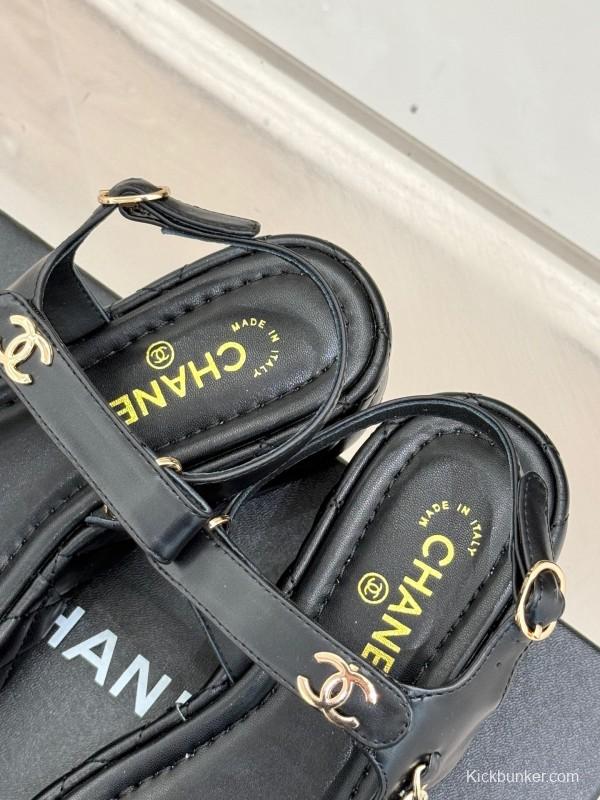 2025 Women Chanel Black Lambskin Platform Sandals Chain KFY00270