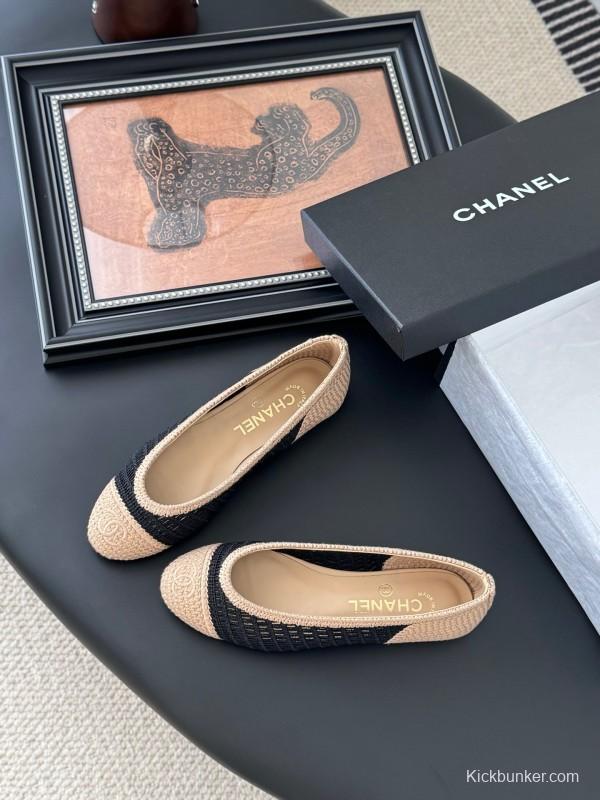 2025 Women Chanel Black Beige Knit Ballet Flats