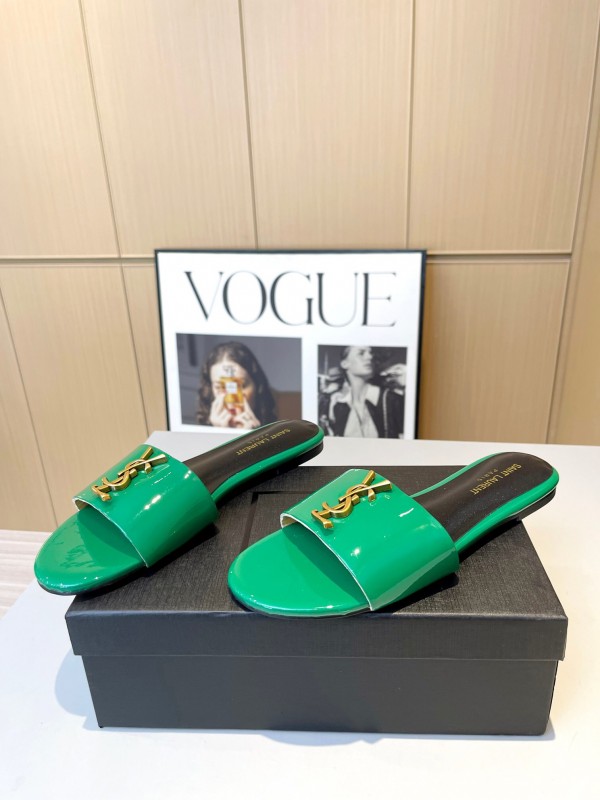 2025 Women Yves Saint Laurent Green Leather Slippers LY00180