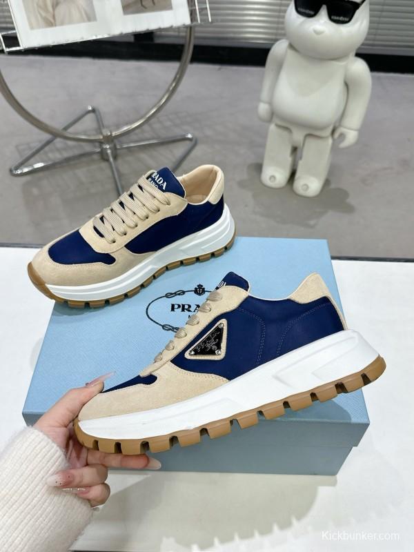 2025 Unisex Prada Blue Beige Suede Leather Sneakers KFY00310