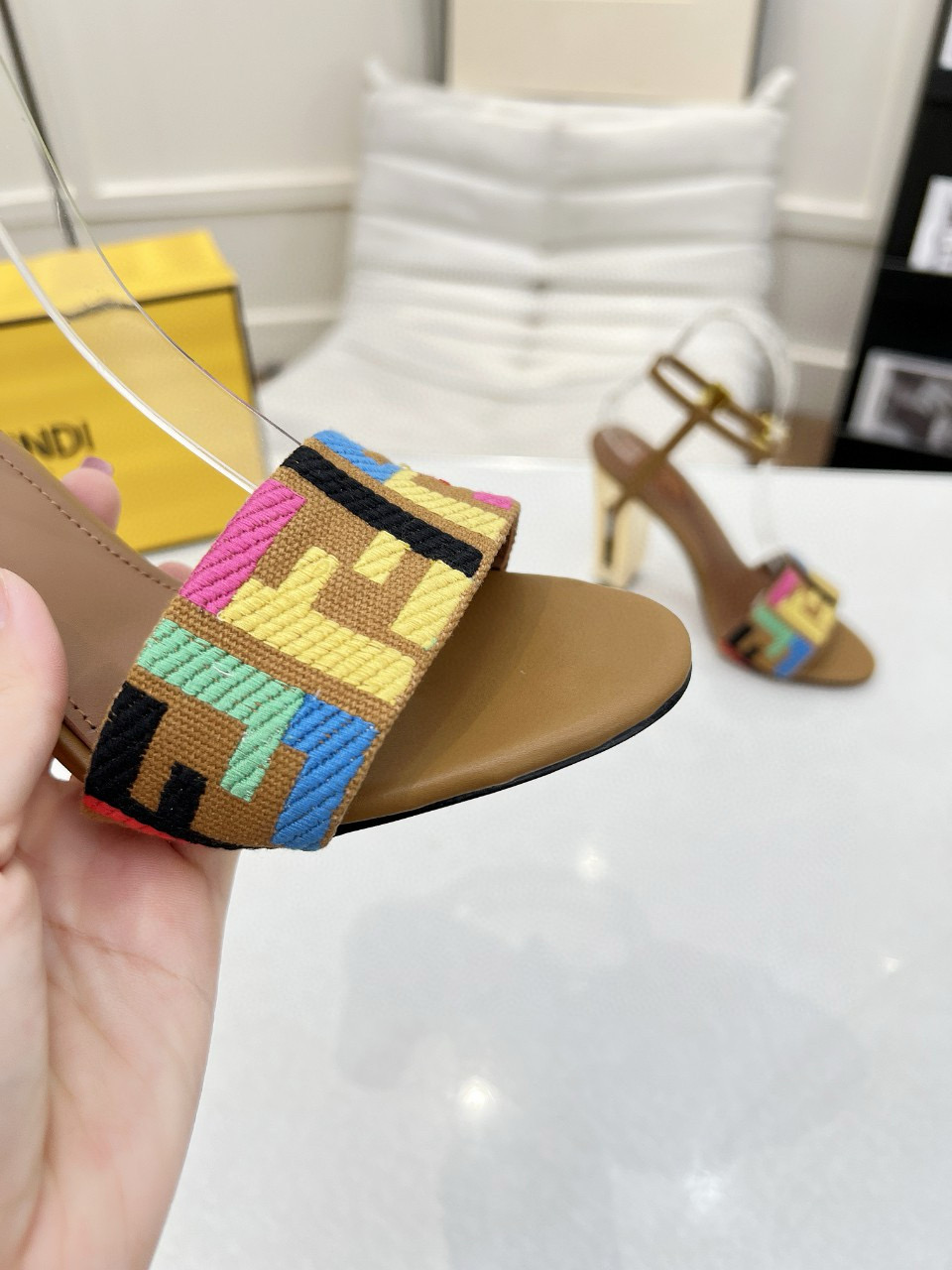 2025 Women Fendi Brown Multicolor Leather High Heel Sandals MJ00280