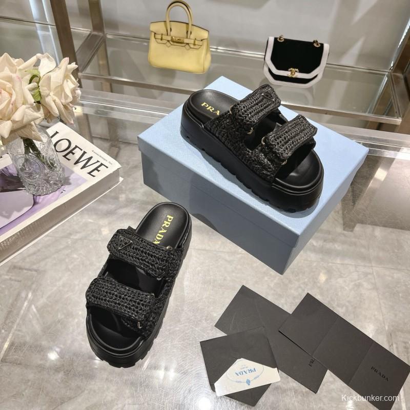 2025 Women Prada Black Woven Leather Sandals LY