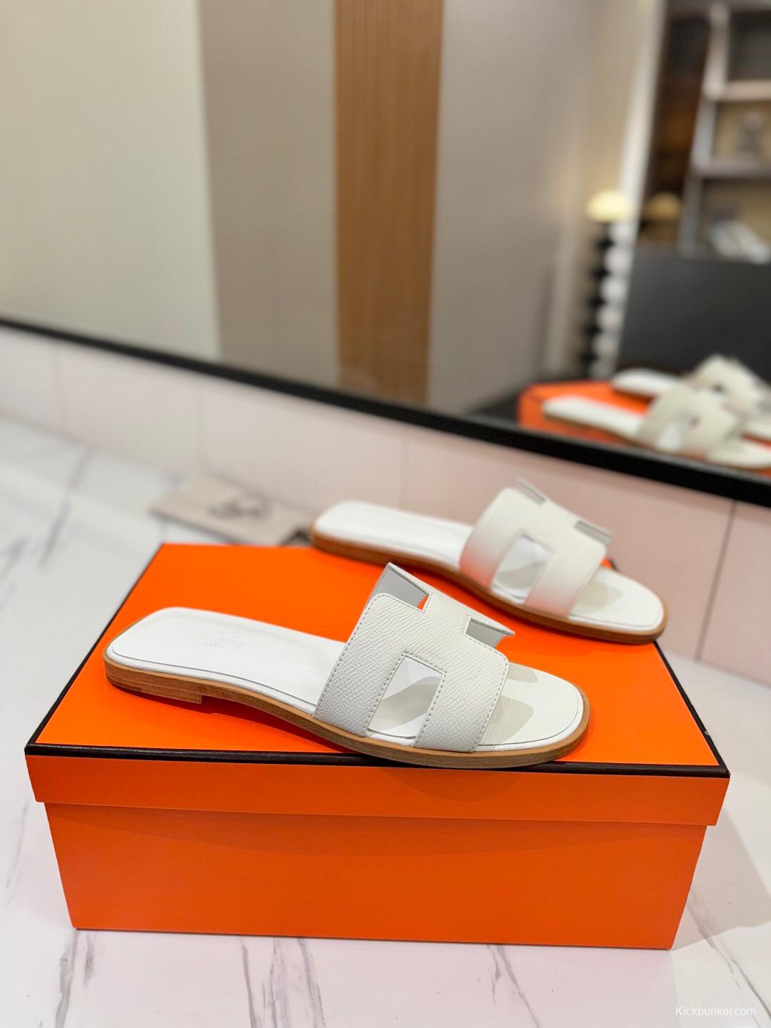 2025 Women Hermès White Leather Slippers