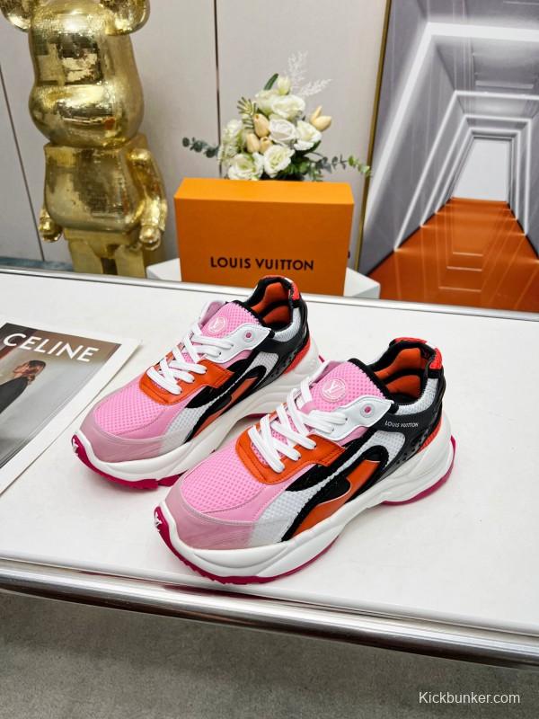 2025 Women Louis Vuitton Pink Orange Black Mesh Leather Sneakers LY00340
