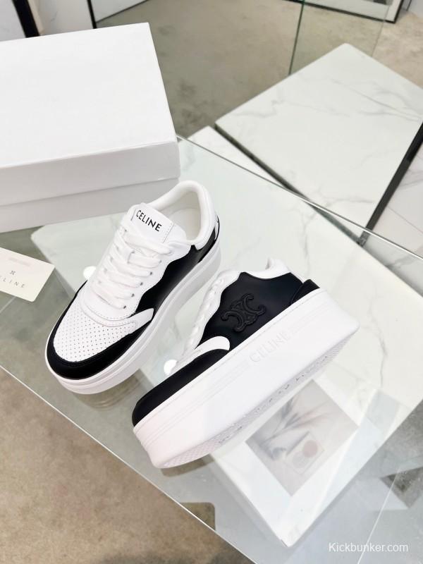 2025 Women Celine Black White Leather Platform Sneakers Block Triomphe LY00270