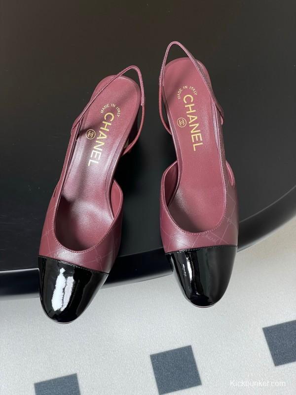 2025 Women Chanel Burgundy Black Leather Sling-back Chunky Heel