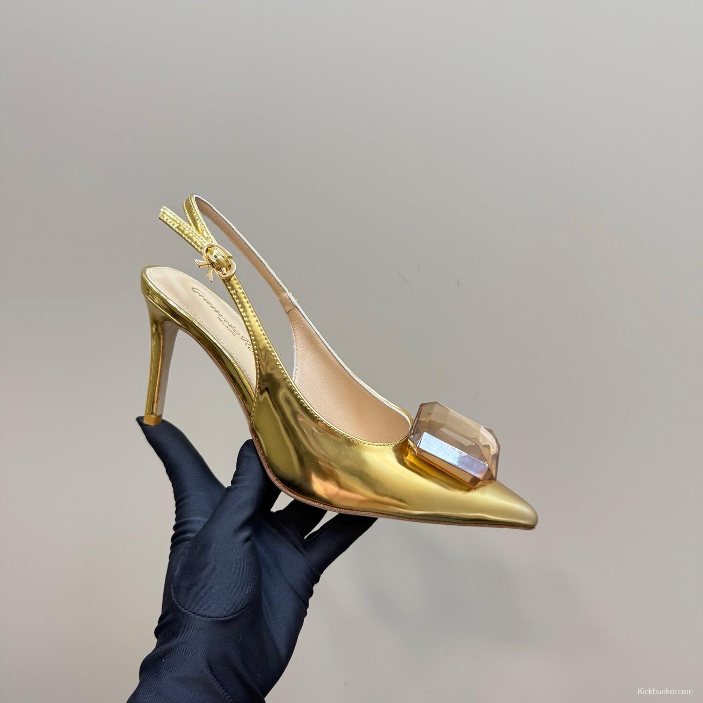 2025 Women Gianvito Rossi Gold Leather Slingback Gemstone KFY00300