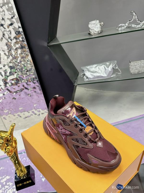 2025 Men Louis Vuitton Brown Mesh Leather Sneakers MJ00420