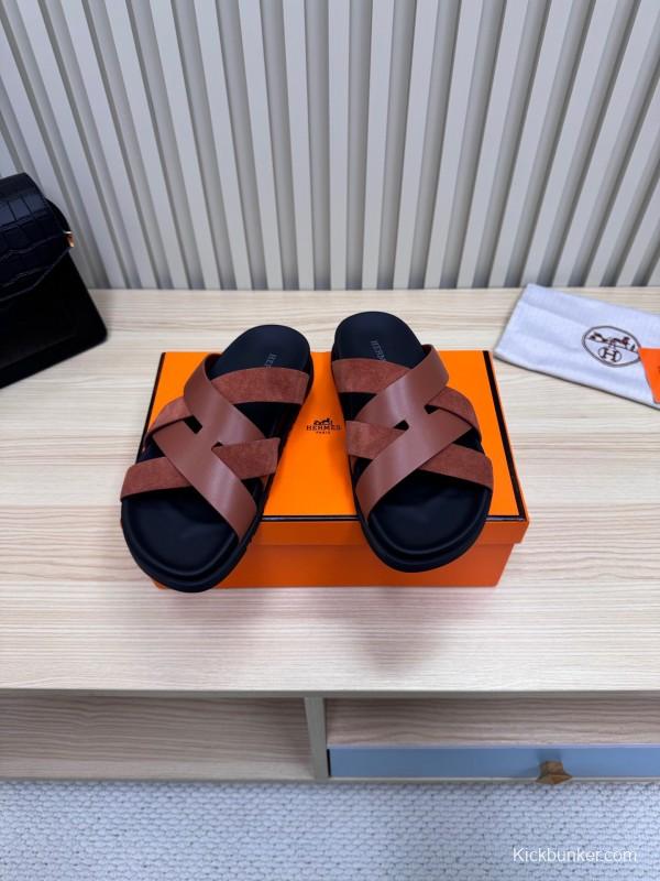 2025 Men HERMÈS Brown Leather Sandals