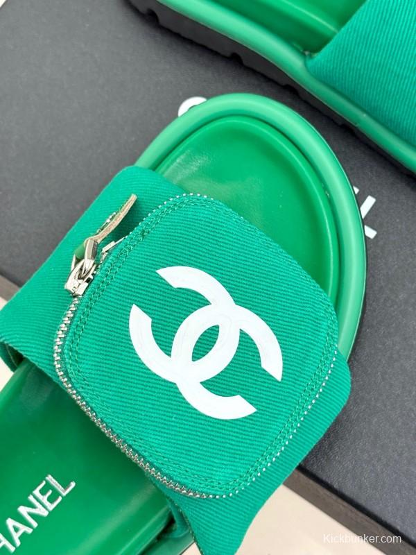 2025 Slippers Chanel Green Canvas Women Slippers KFY00220
