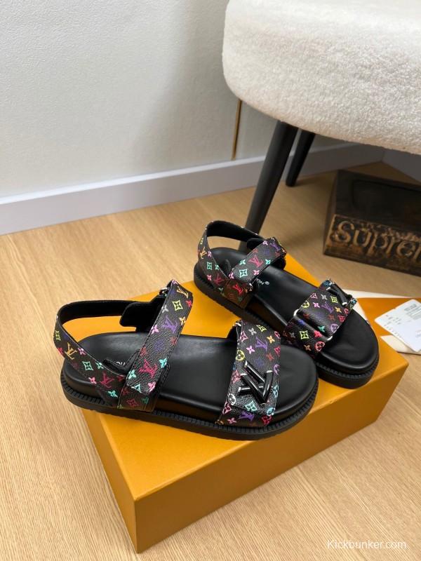 2025 Women Louis Vuitton Black Multicolor Canvas Sandals