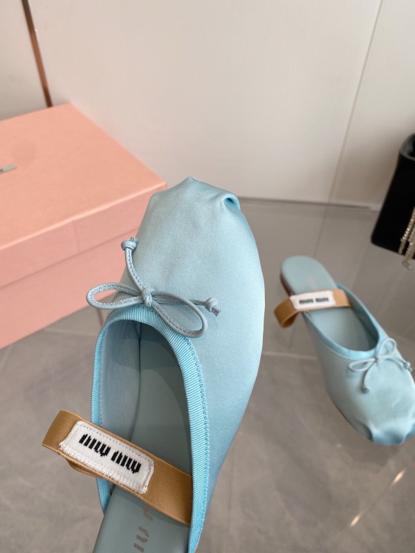 2025 Women Miu Miu Light Blue Satin Slip-On Ballet Flats KFY00280