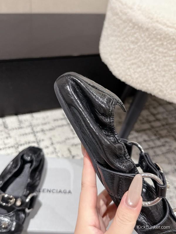 2025 Women Balenciaga Black Leather Ballet Shoes